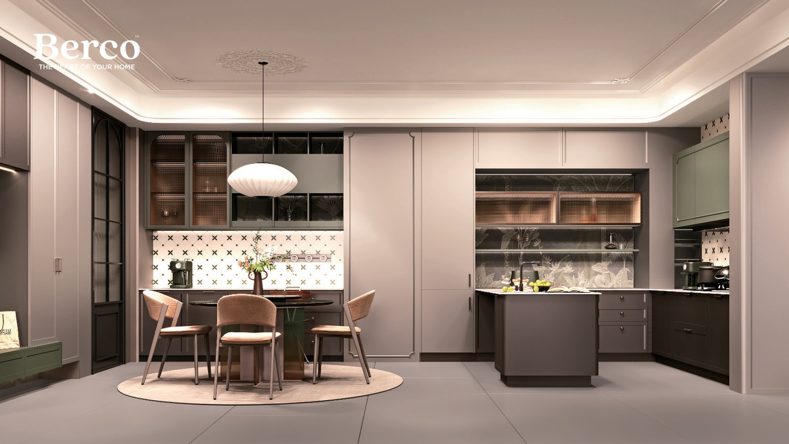 Round dining table set against a patterned tiled niche, with display cabinetry and a run of kitchen storage alongside — Berco design reference