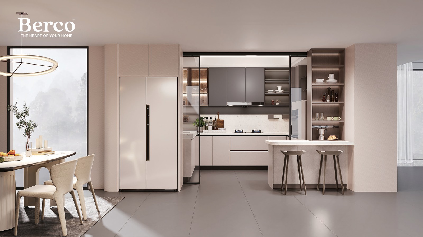 Warm open-plan dining and kitchen with wood-lined display niches, a quartz breakfast bar and a garden view — Berco design reference