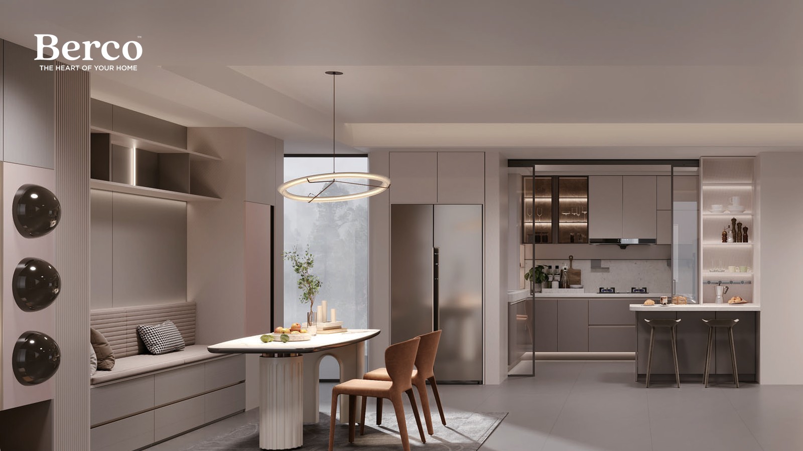 Round dining table beside a built-in window bench, with the kitchen run and display shelving behind — Berco design reference