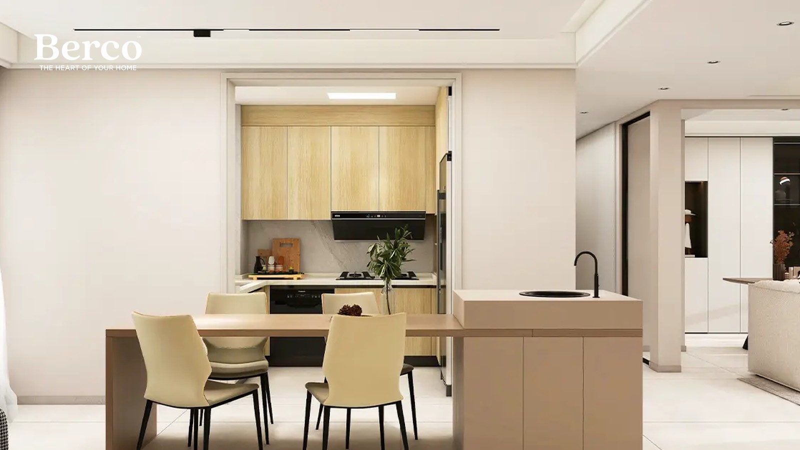 Small apartment layout with a dining table joined to a beige island holding a black sink, and an enclosed light-oak kitchen behind a glazed door — Berco design reference.
