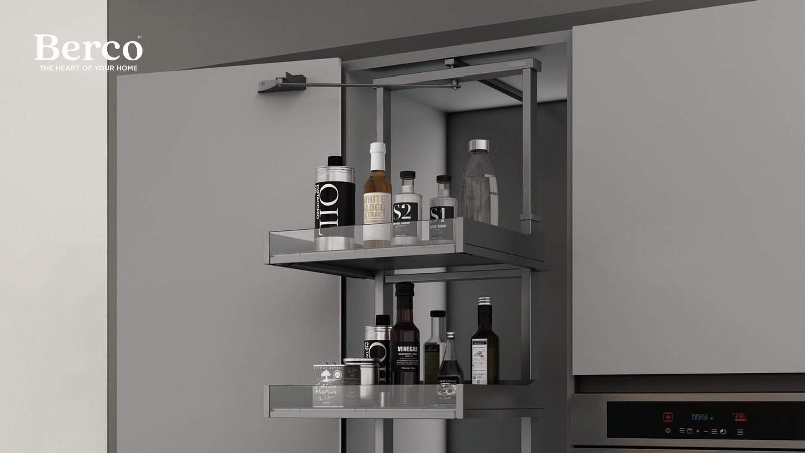 A two-tier metal tray unit drawn out of a tall cabinet beside a built-in oven, holding oils, vinegars and bottles — Berco design reference.