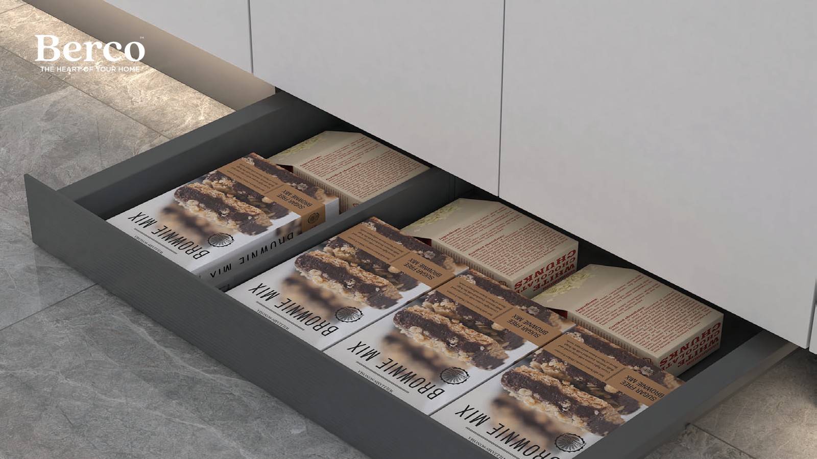 Deep drawer fitted for bottle and pantry storage with timber dividers — Berco design reference
