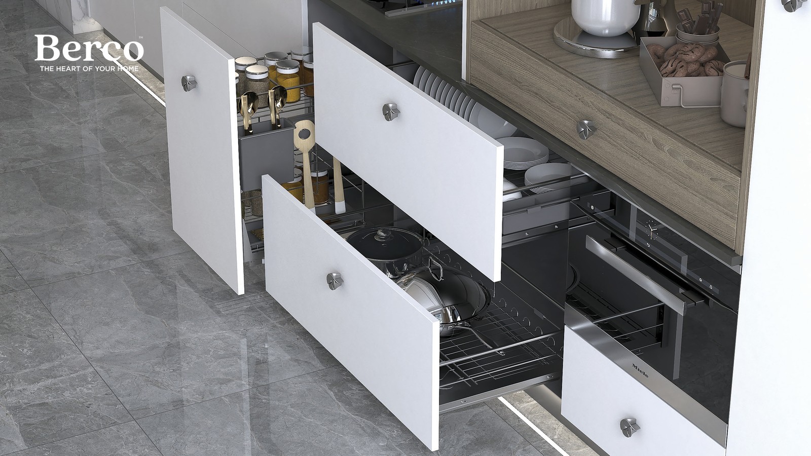 Deep drawers fitted with organisers and brass-topped bottles under a wood worktop — Berco design reference