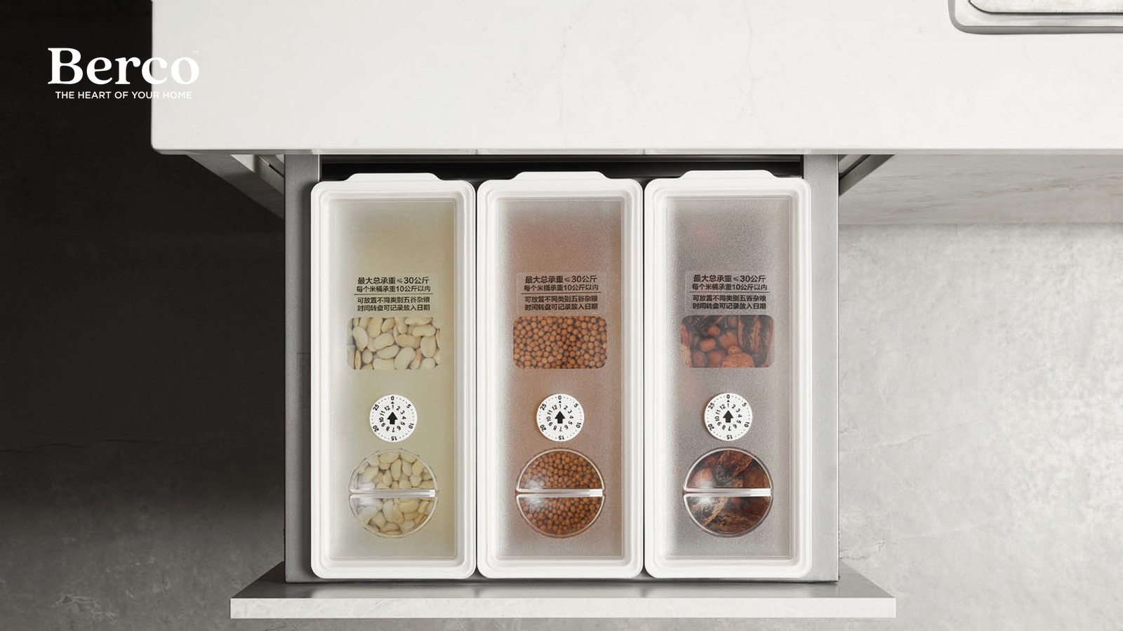 Drawer fitted with sealed canisters for grains and staples — Berco design reference
