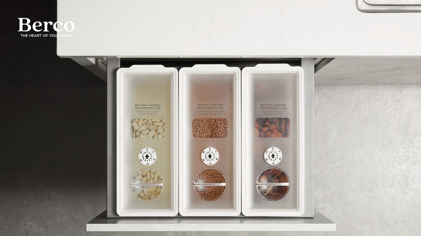 Drawer fitted with sealed canisters for grains and staples. Berco design reference