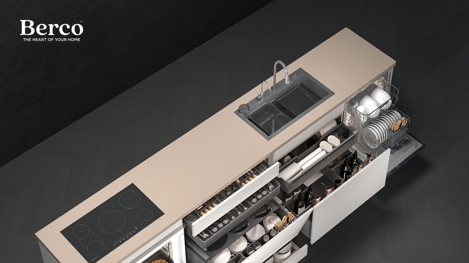 Studio view of a fully fitted drawer system with organisers and dividers — Berco design reference