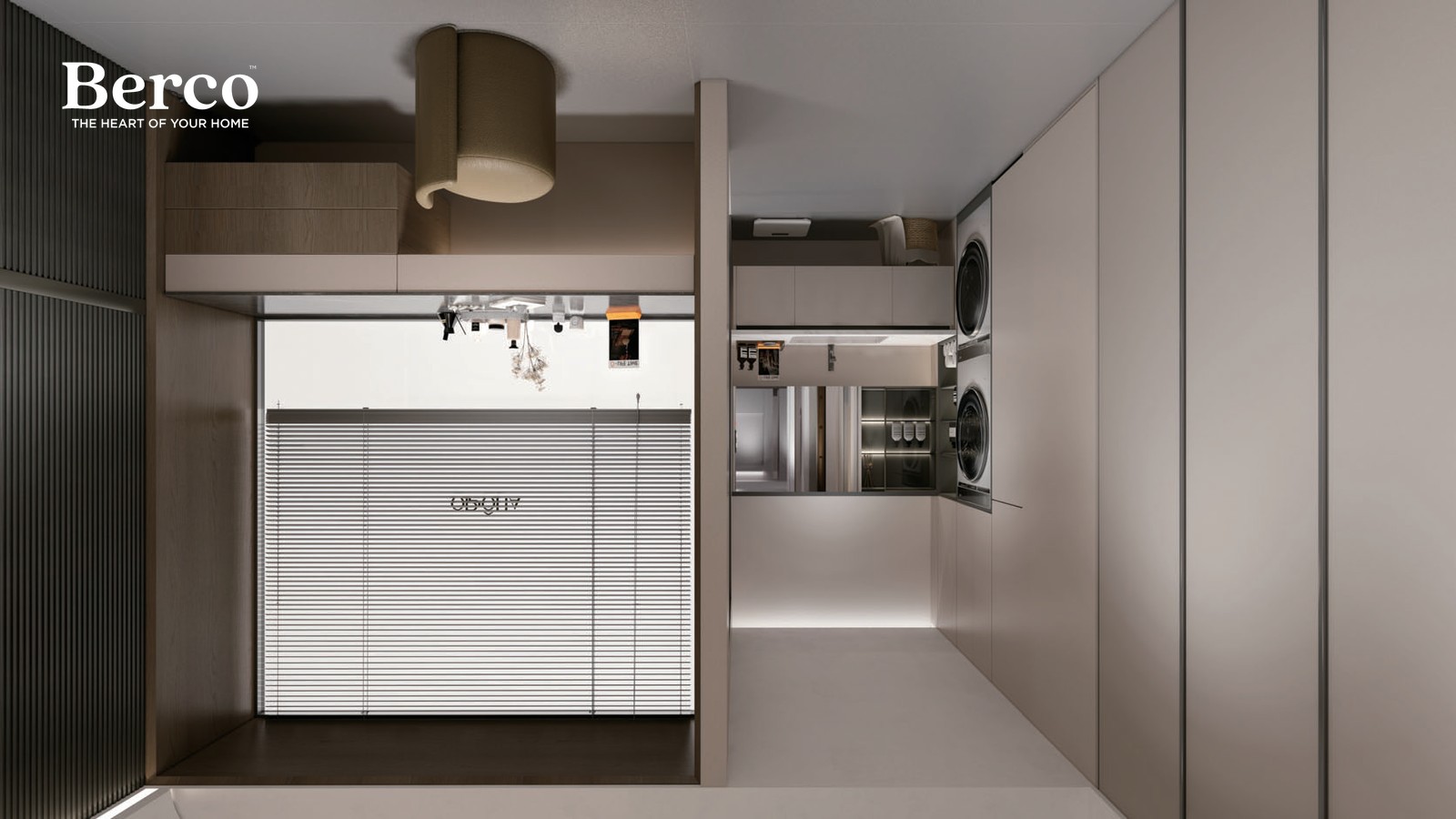 Roller-shutter appliance garage keeping the worktop clear in a warm kitchen — Berco design reference