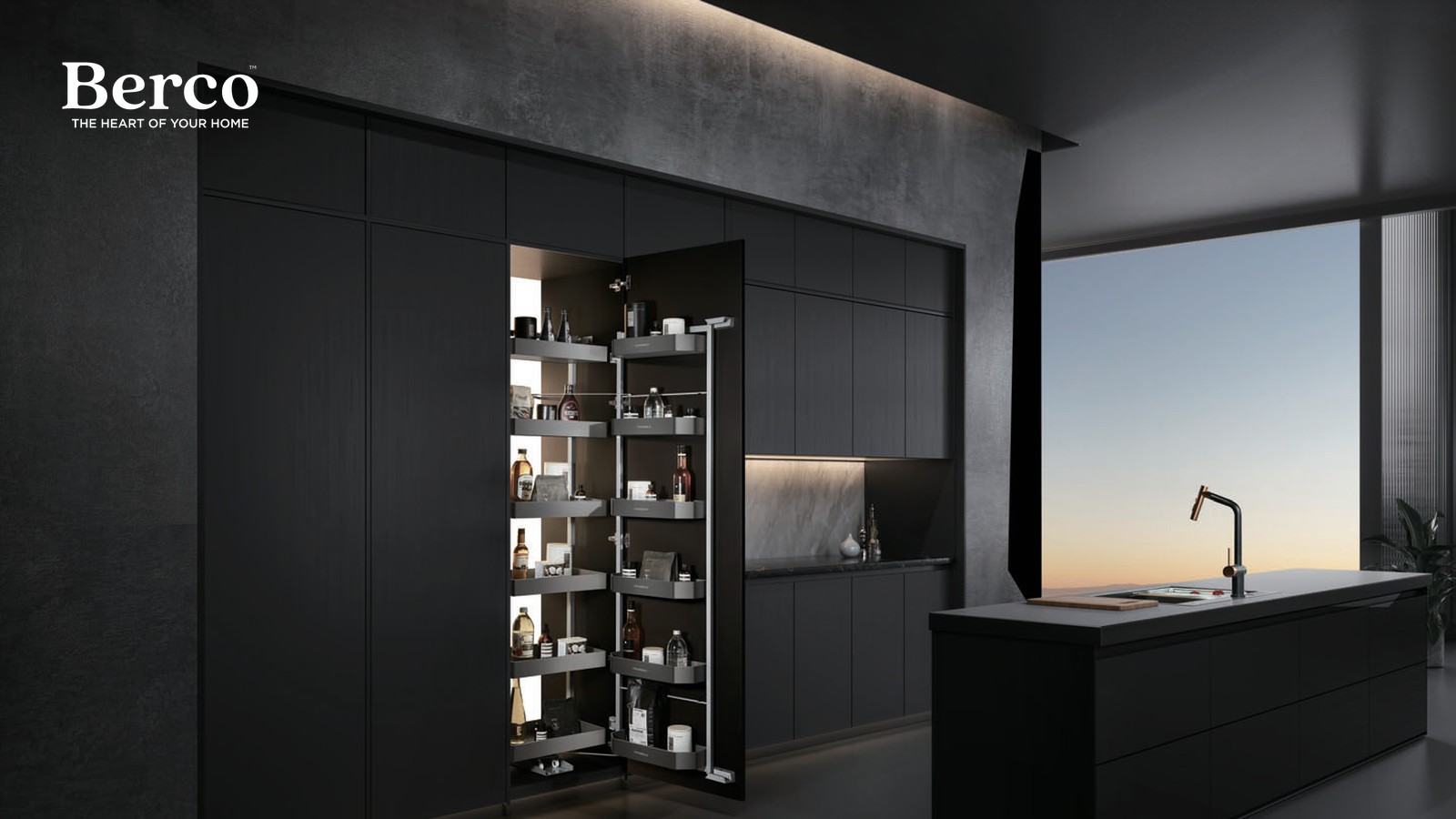 Full-height pantry pull-out in a dark luxe kitchen beside a freestanding tub — Berco design reference