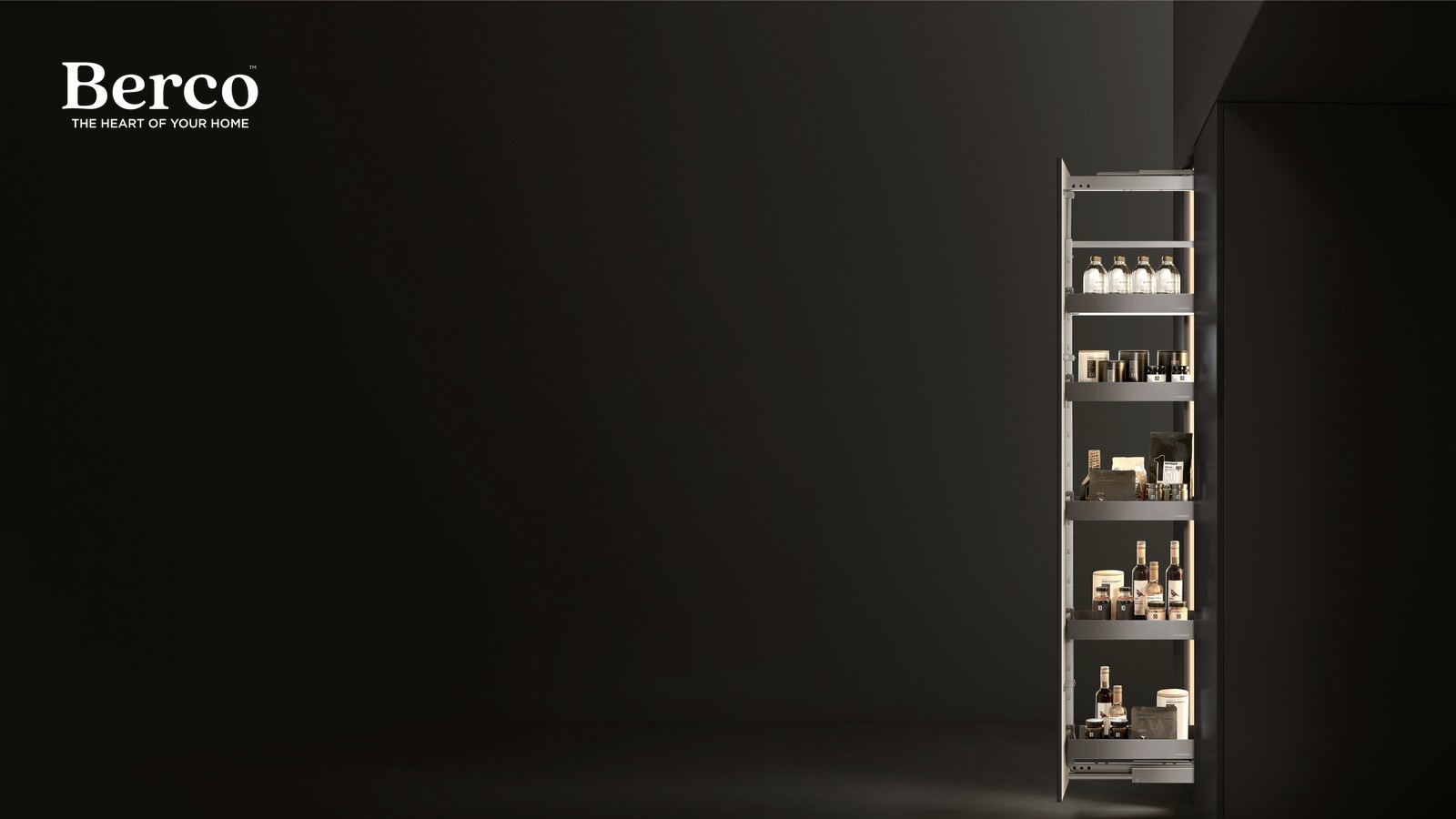 Tall slimline pantry pull-out stocked with jars and bottles — Berco design reference