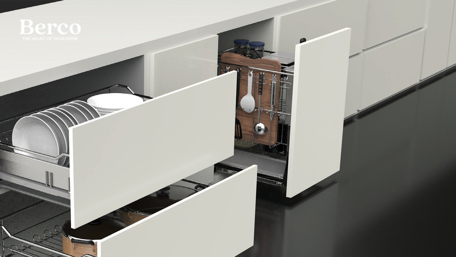 White soft-close pull-out drawers fitted with a plate and dish organiser — Berco design reference