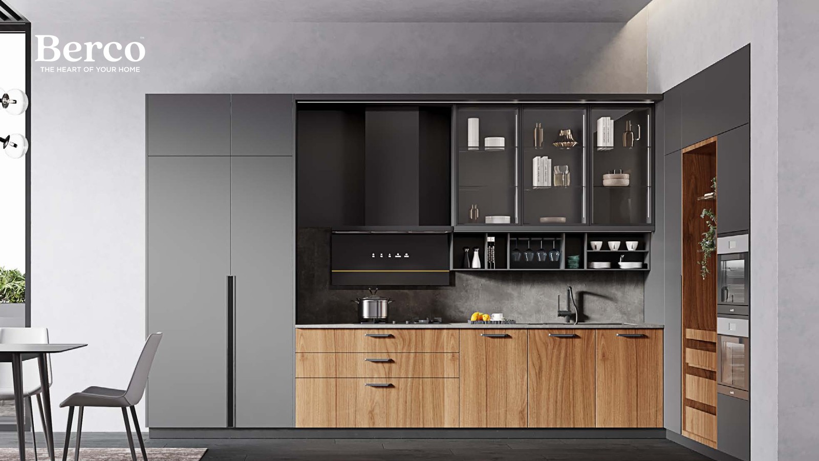 Galley kitchen with charcoal glass-front upper cabinets and warm walnut base units — Berco design reference