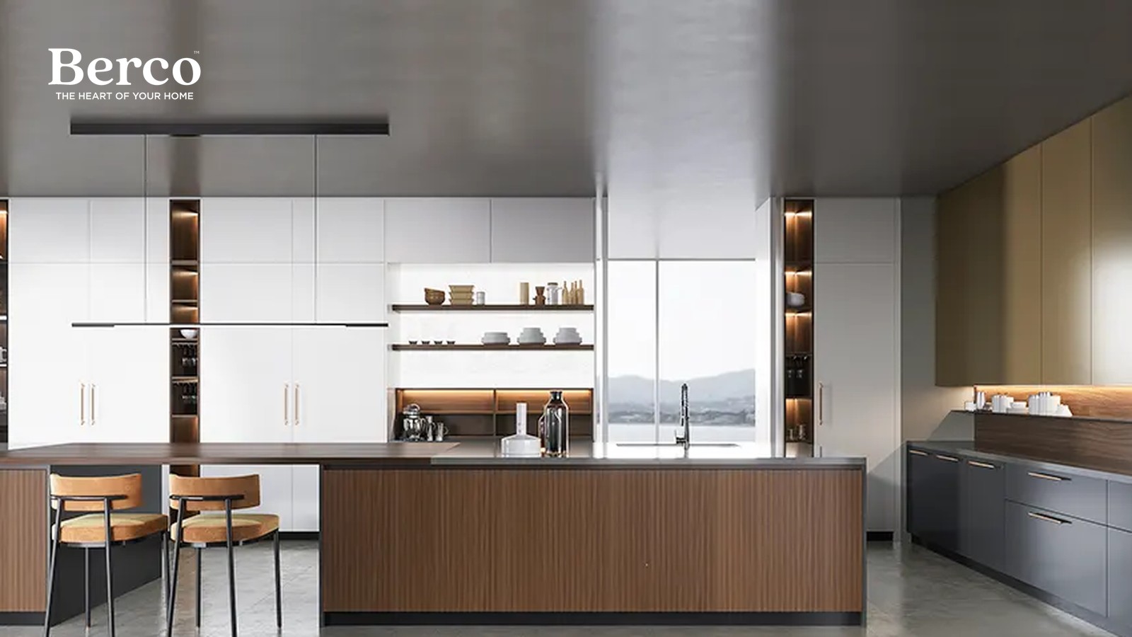 Long kitchen with a fluted walnut island, floor-to-ceiling white cabinets, walnut open shelves and a separate grey cabinet run — Berco design reference