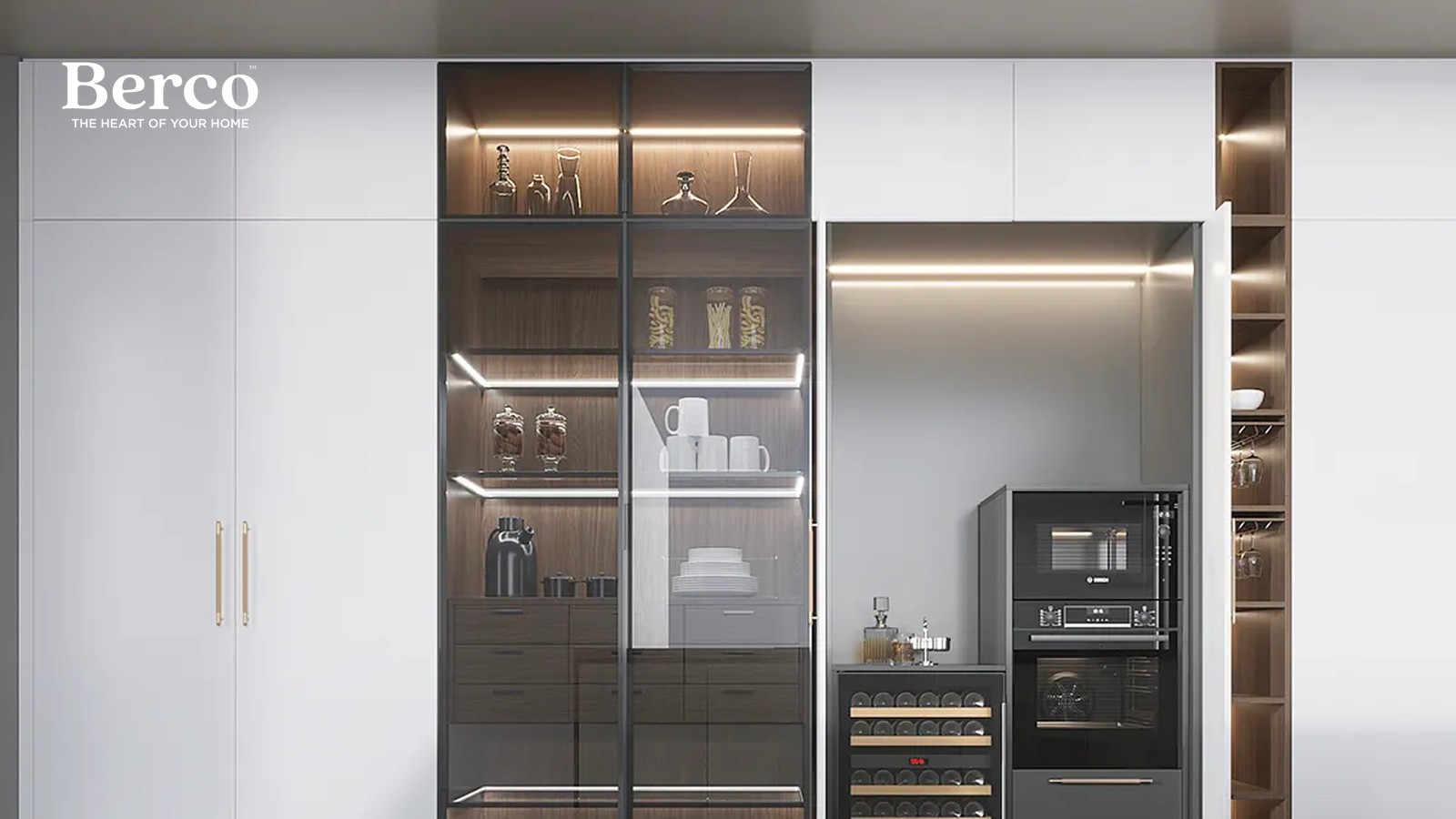 Long Walnut Island With Tall White Cabinets — view 2