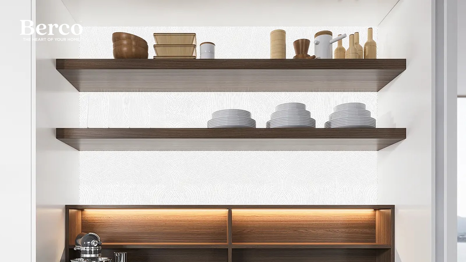 Long Walnut Island With Tall White Cabinets — view 3