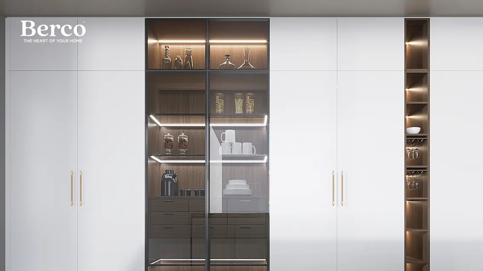 Long Walnut Island With Tall White Cabinets — view 4