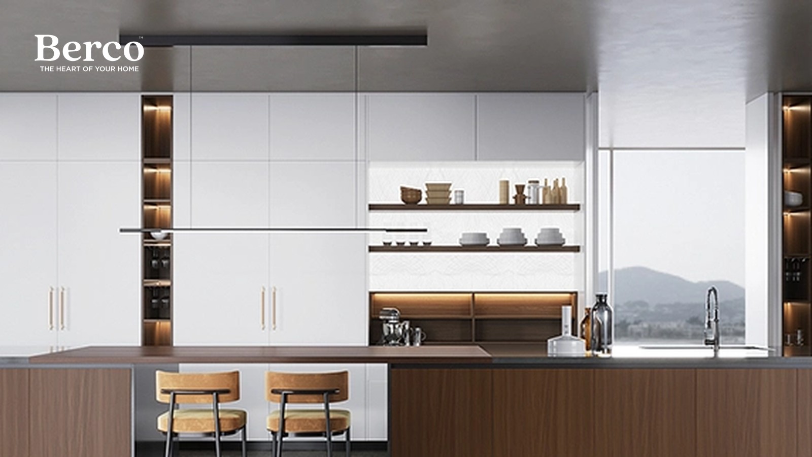 Long Walnut Island With Tall White Cabinets — view 5