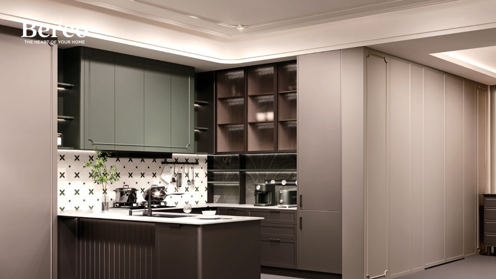 Green and wood-grain kitchen cabinets with a dark island — Berco design reference