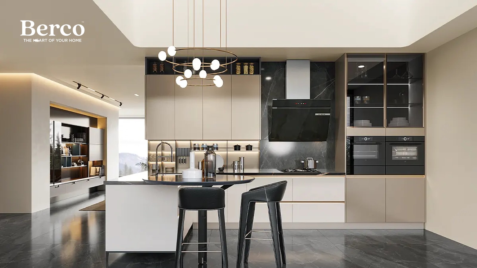 Warm greige kitchen with an island, bar stools and full-height glass display cabinets — Berco design reference