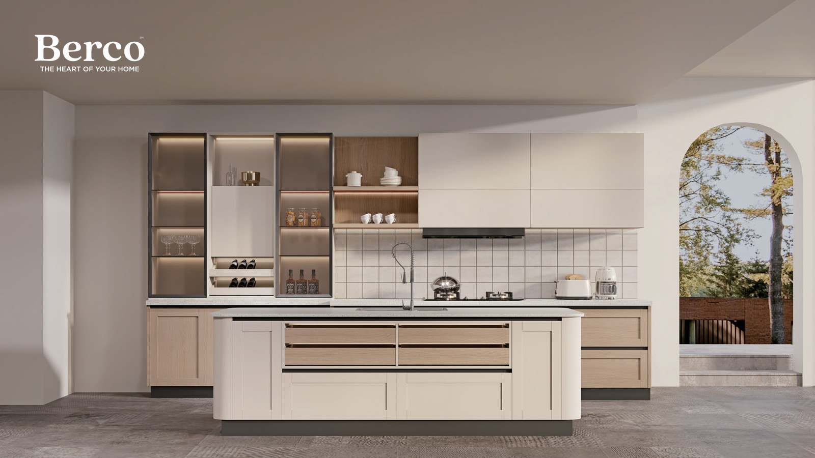 Cream shaker kitchen with oak-lined glass display cabinets, a long island and an arched opening to the garden — Berco design reference