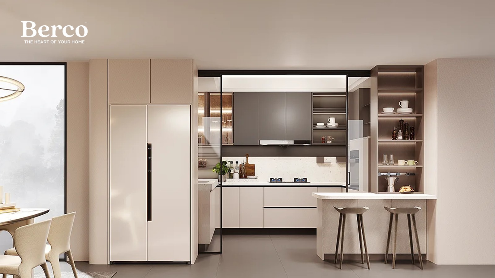 Warm neutral kitchen with tall integrated appliance housing, open display shelving and a peninsula breakfast bar — Berco design reference