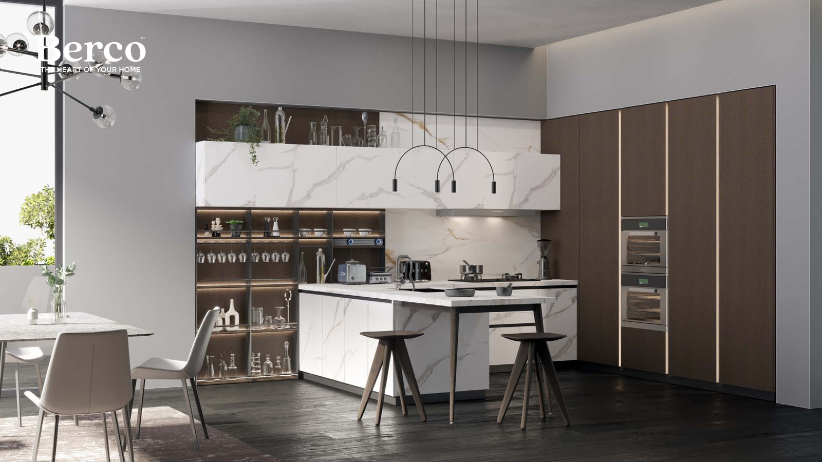 Custom kitchen with a marble-topped island and warm walnut cabinetry — Berco design reference
