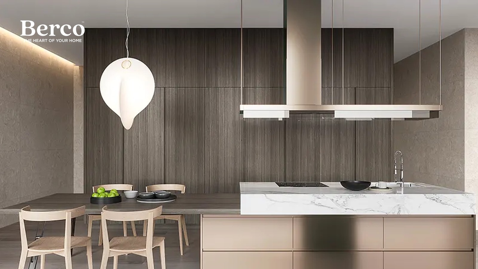 Kitchen with full-height grey-stained wood wall panels, a blush metallic island base and a white marble waterfall countertop — Berco design reference