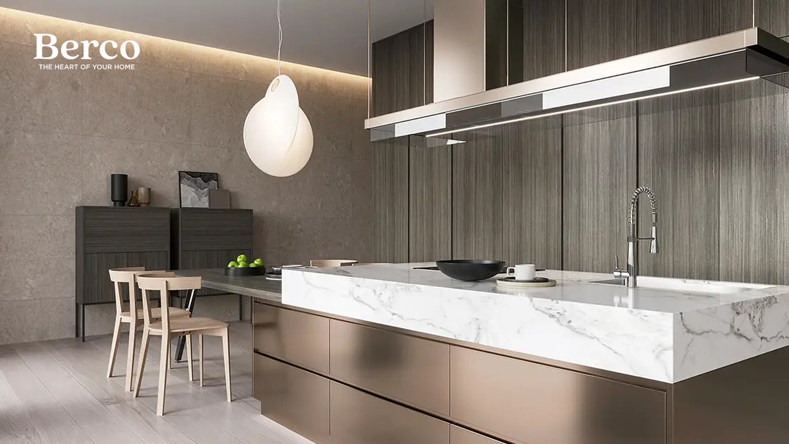 Grey-Stained Wood Wall With Marble Island — view 2