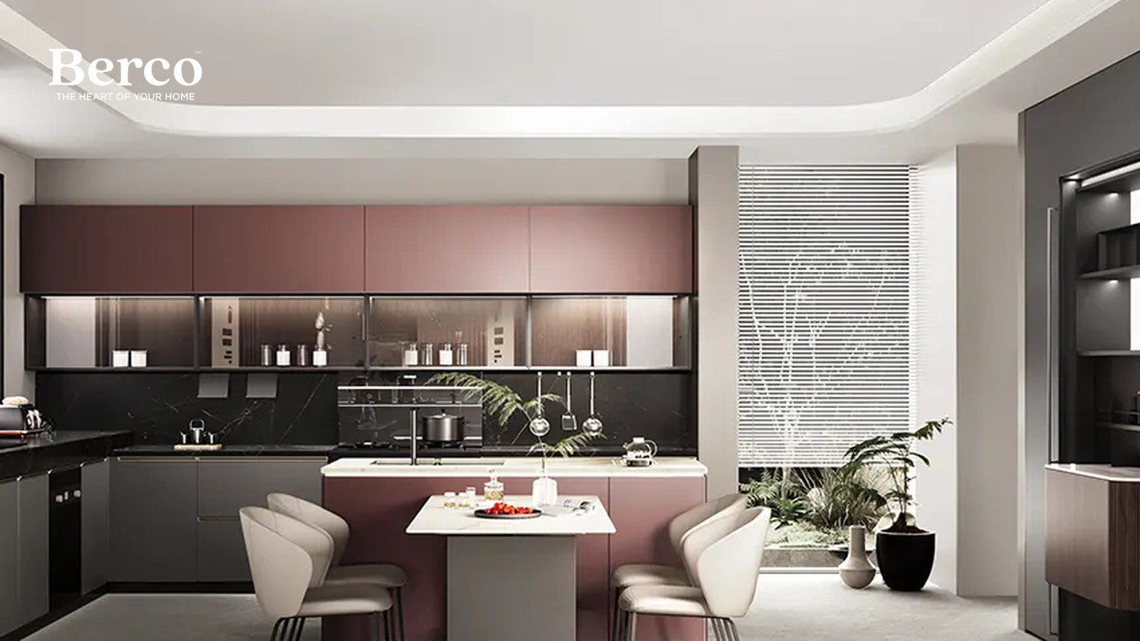 Open kitchen with oxblood upper cabinets, grey base cabinets, black marble backsplash and a peninsula with a white stone top and two chairs — Berco design reference