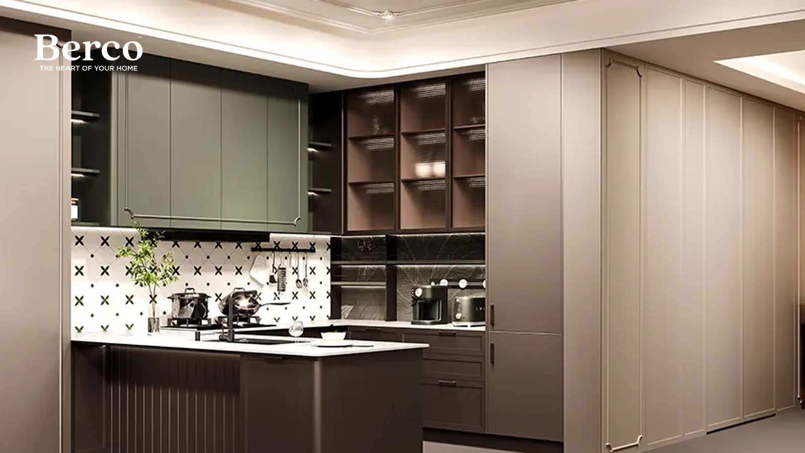 Sage Green Kitchen With Bronze Glass Uppers — view 2