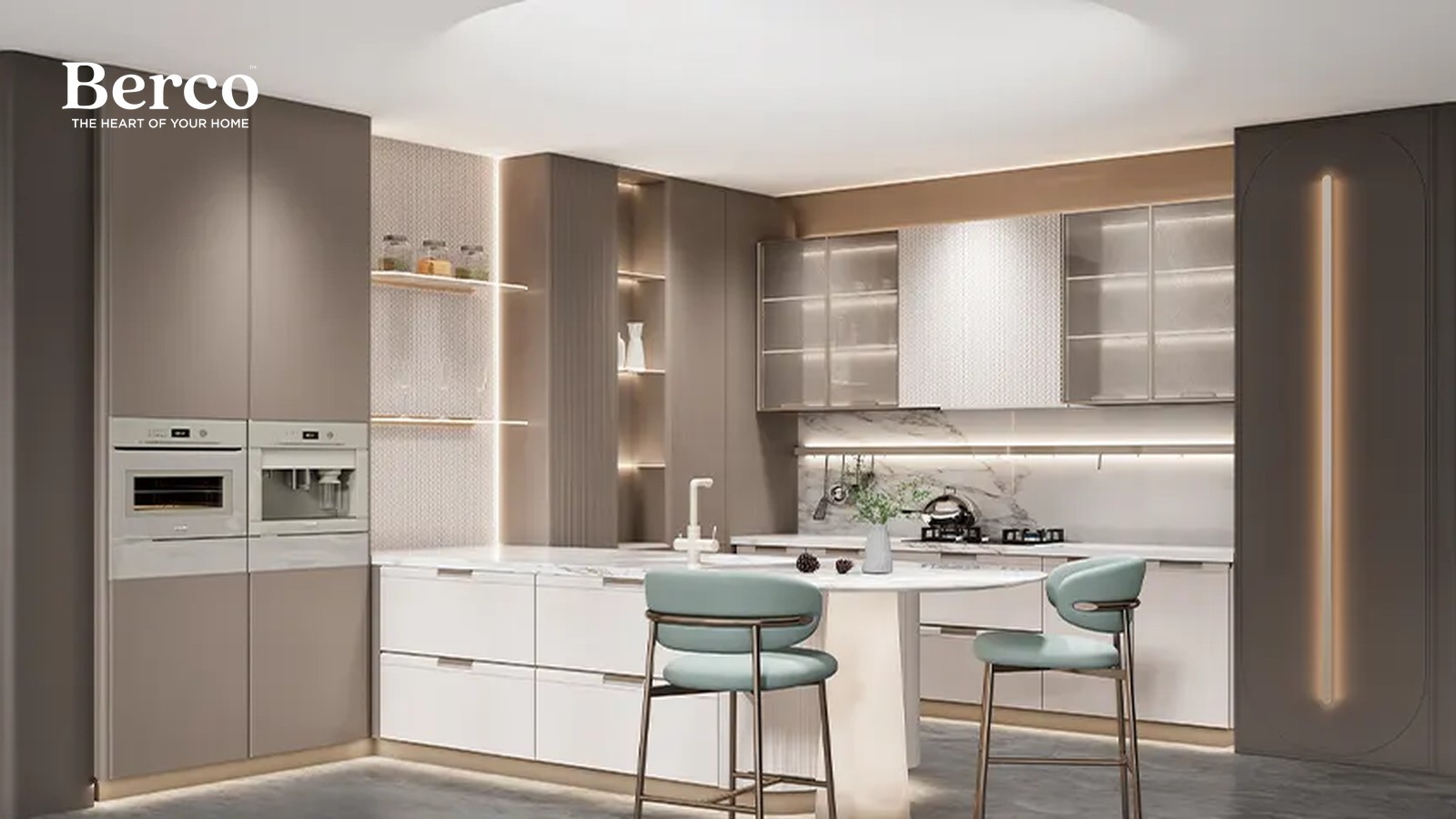 Kitchen with floor-to-ceiling taupe cabinets, white gloss drawer bases, frosted glass upper doors, a marble backsplash and an oval stone island with two stools — Berco design reference