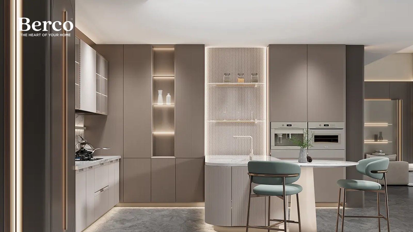 Taupe Cabinets With An Oval Island — view 2
