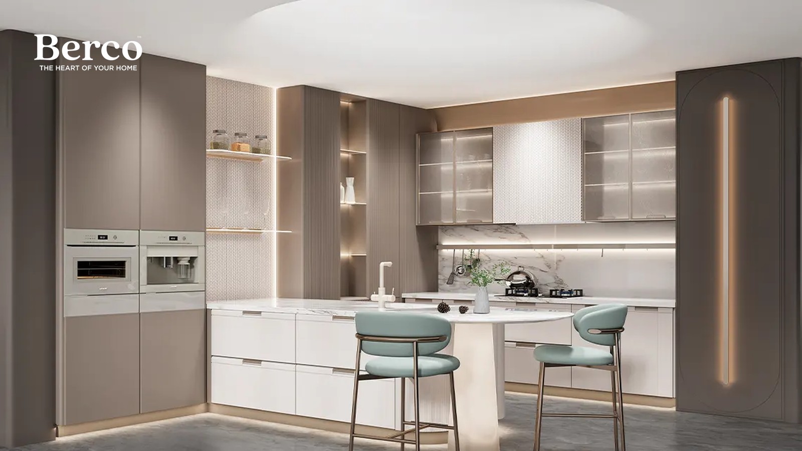 Taupe Cabinets With An Oval Island — view 3