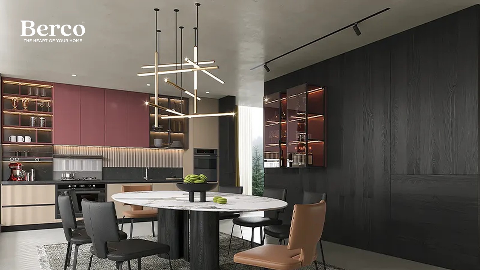 Single-wall kitchen with dusty rose upper cabinets, light oak base cabinets, backlit display shelving and a round marble dining table — Berco design reference