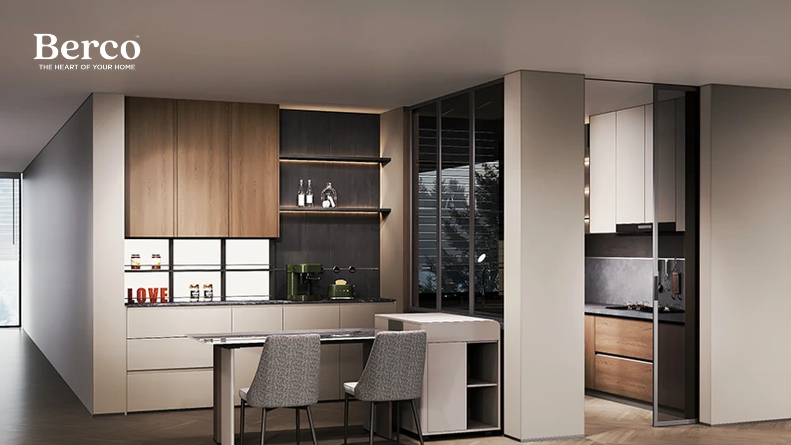 Open kitchen with oak upper cabinets, cream base drawers, a backlit glass backsplash, lit dark timber shelving and a stone bar counter with two chairs — Berco design reference