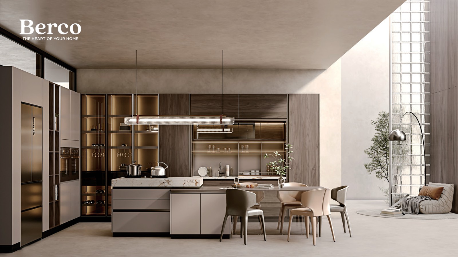 Warm walnut and taupe kitchen cabinetry with open shelving — Berco design reference
