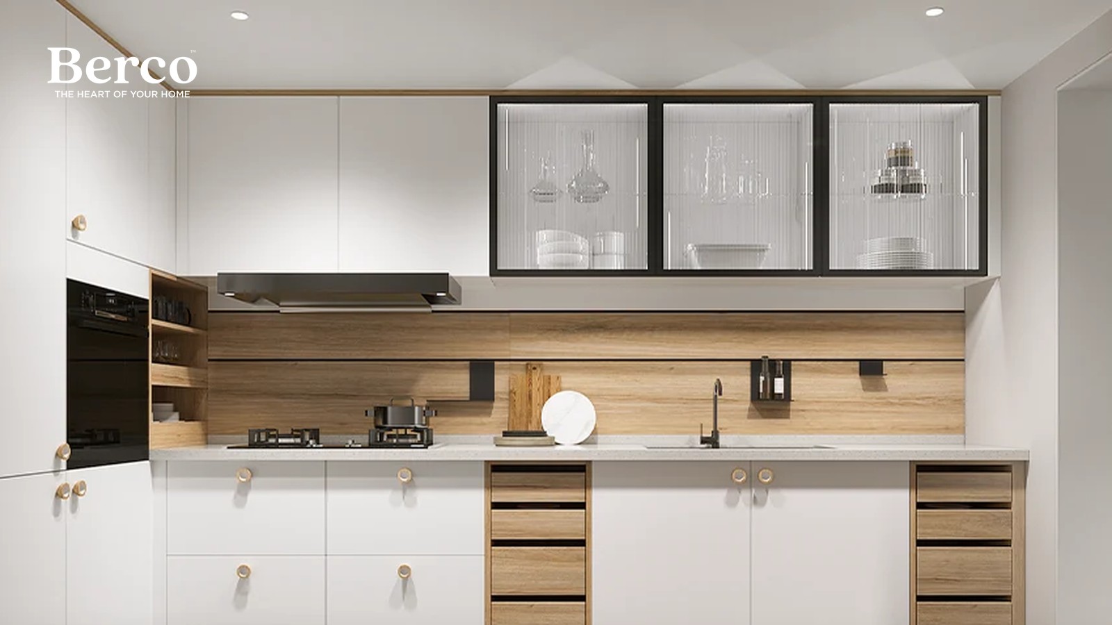 Single-wall kitchen with white slab cabinets, oak backsplash panelling, oak drawer inserts, brass knobs and reeded glass upper cabinets — Berco design reference