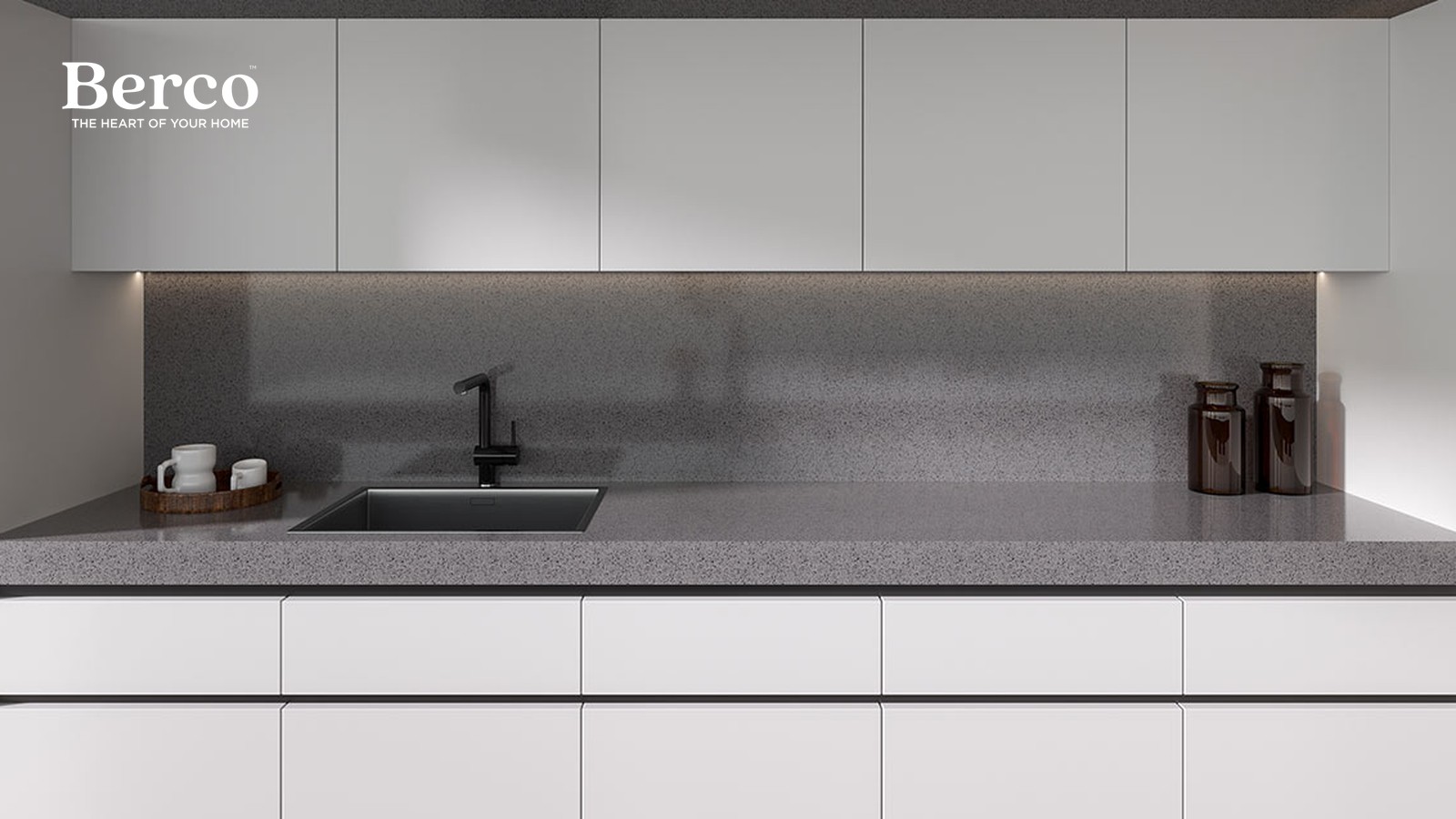 Handleless White Kitchen, Grey Stone Island — view 2