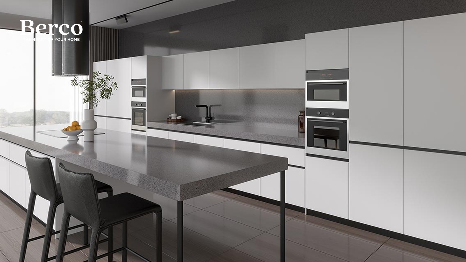 Handleless White Kitchen, Grey Stone Island — view 3