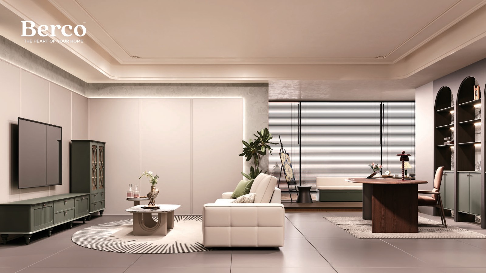 Living area with a low sage-green media console in reeded fronts beside a matching glass-front display cabinet, with lit arched niches further in — Berco design reference.