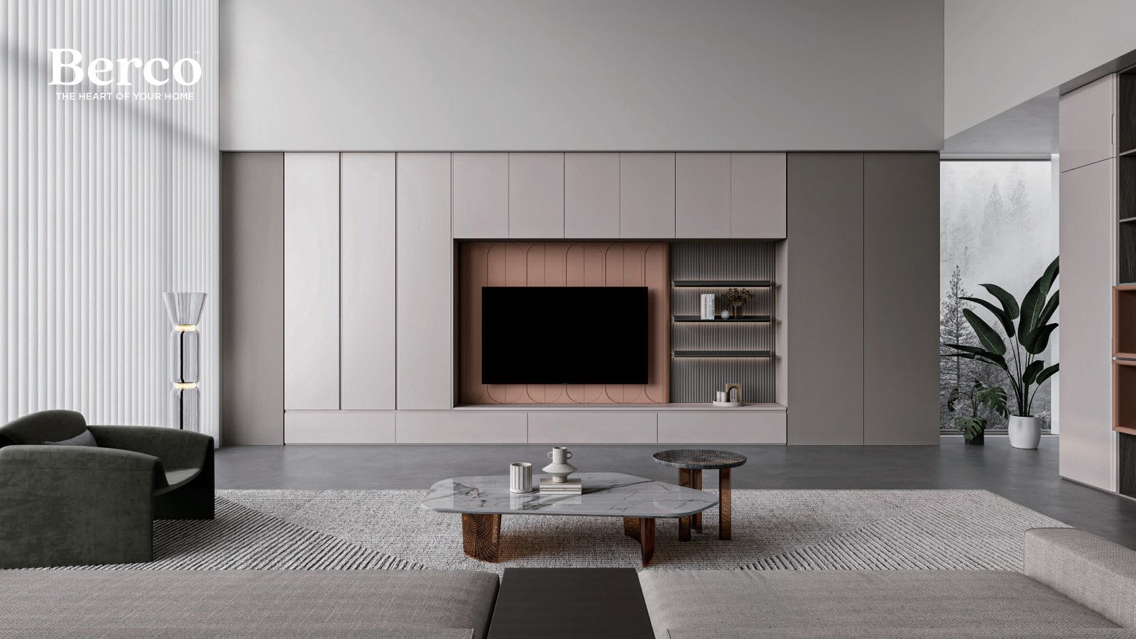 Living room wall of handleless floor-to-ceiling cabinetry with a clay-toned recessed screen panel and a fluted open display niche — Berco design reference.