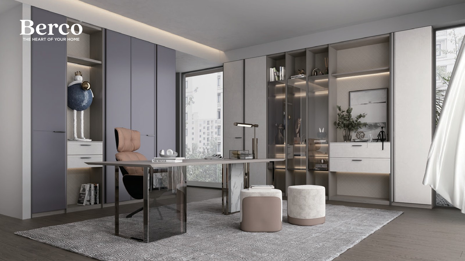 A study corner with a full-height fitted storage wall, open shelving and a built-in desk run — Berco design reference