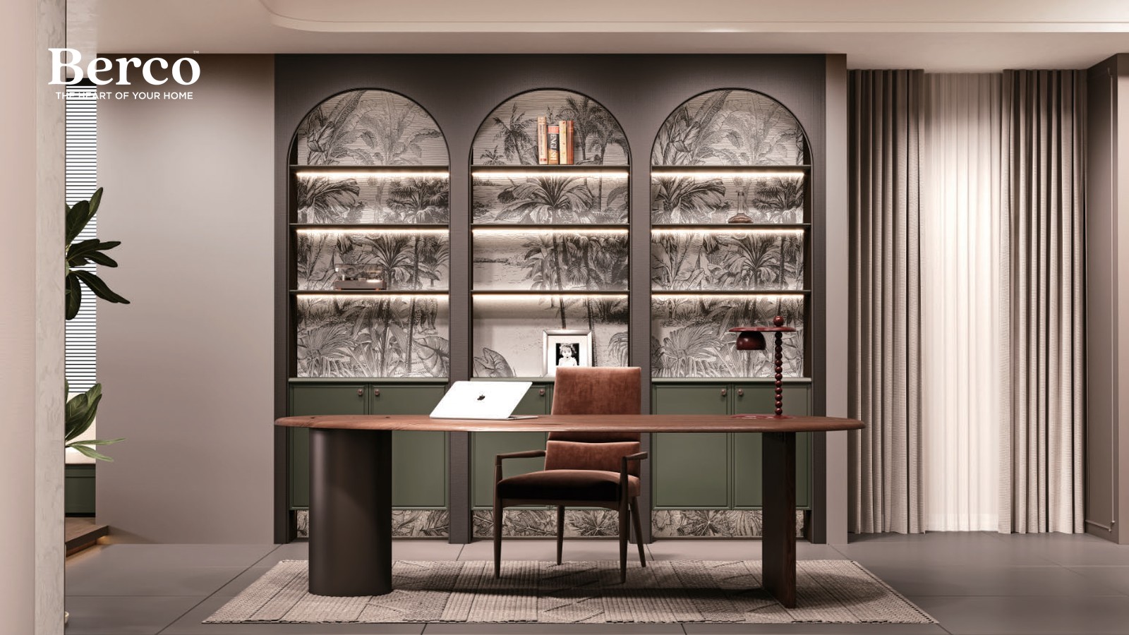 Home study with arched backlit display cabinets and a leather-topped writing desk — Berco design reference