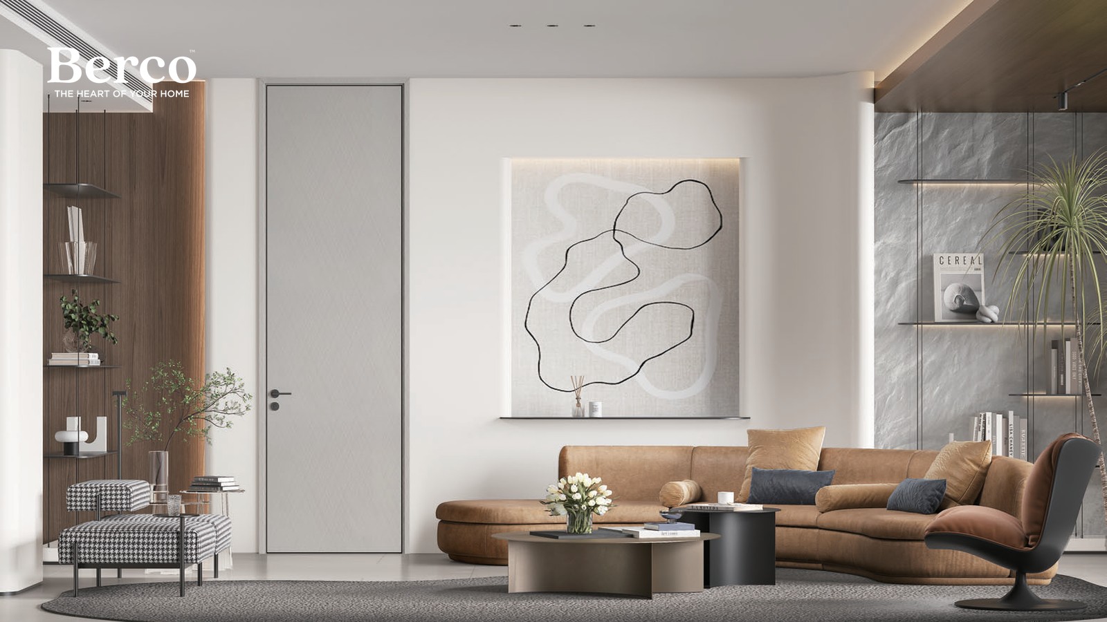 Bright minimal living room with tan leather sofas and slim open display shelving — Berco design reference