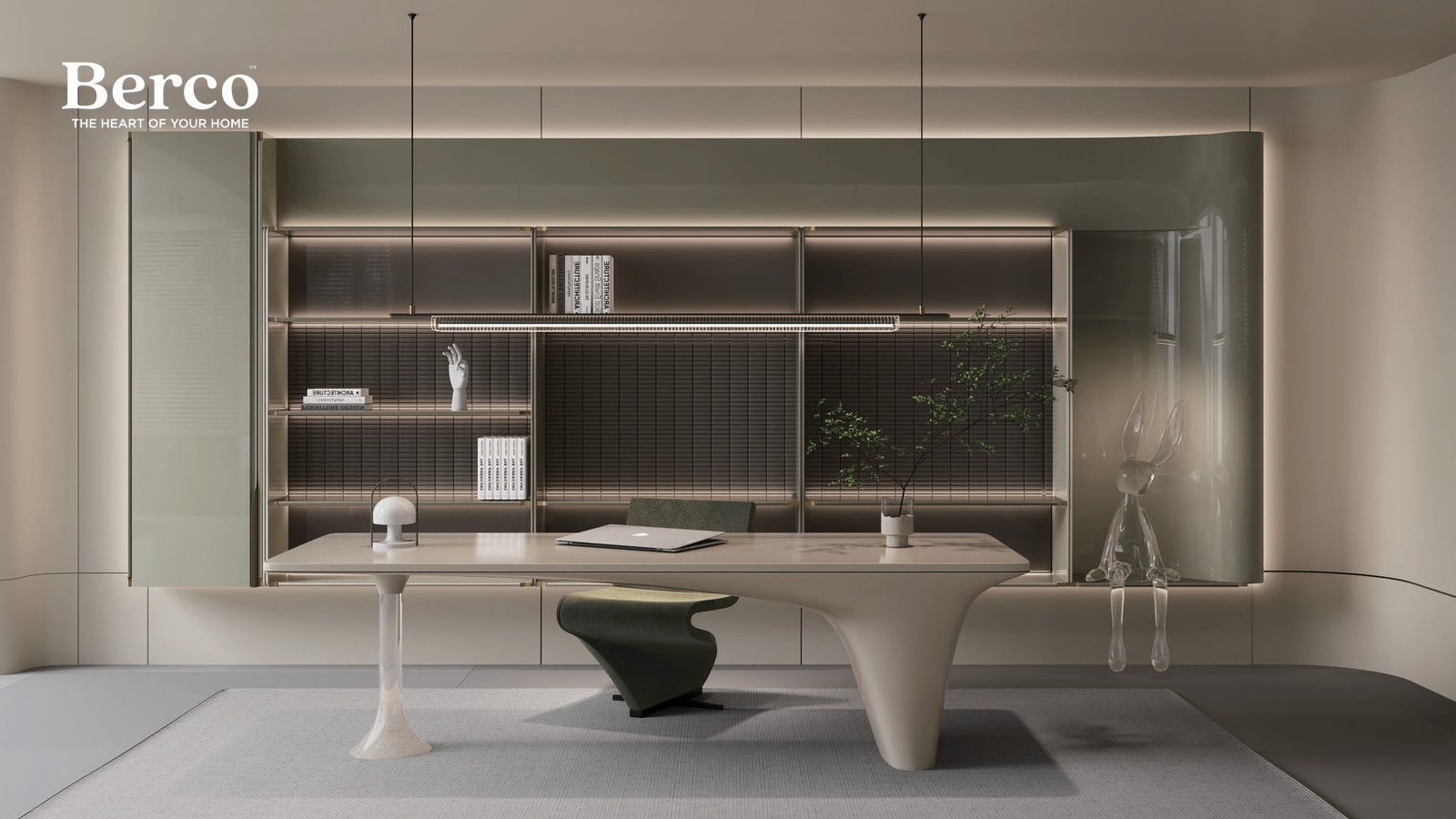 Bright living room with an open display-shelving wall and a sculptural console — Berco design reference