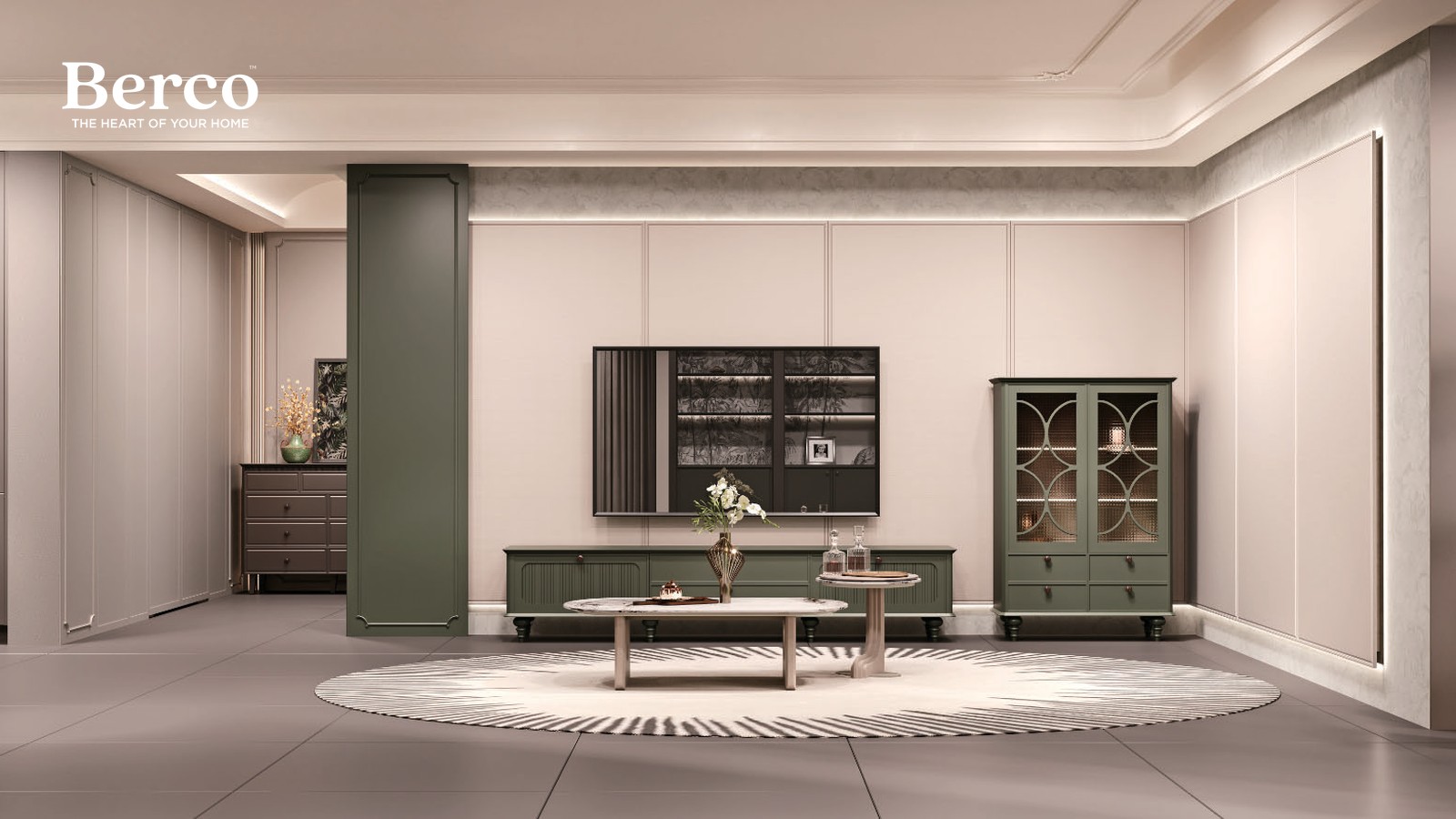 Living room with green display cabinetry and open shelving — Berco design reference