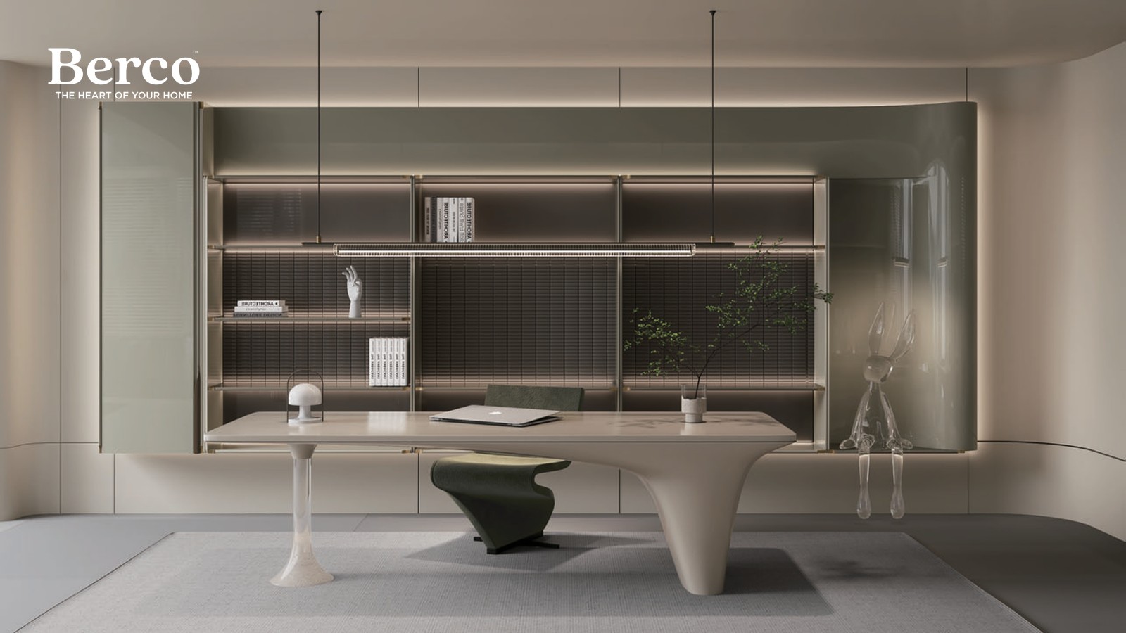 Greige living room with a full-height display wall and a sculptural writing desk — Berco design reference