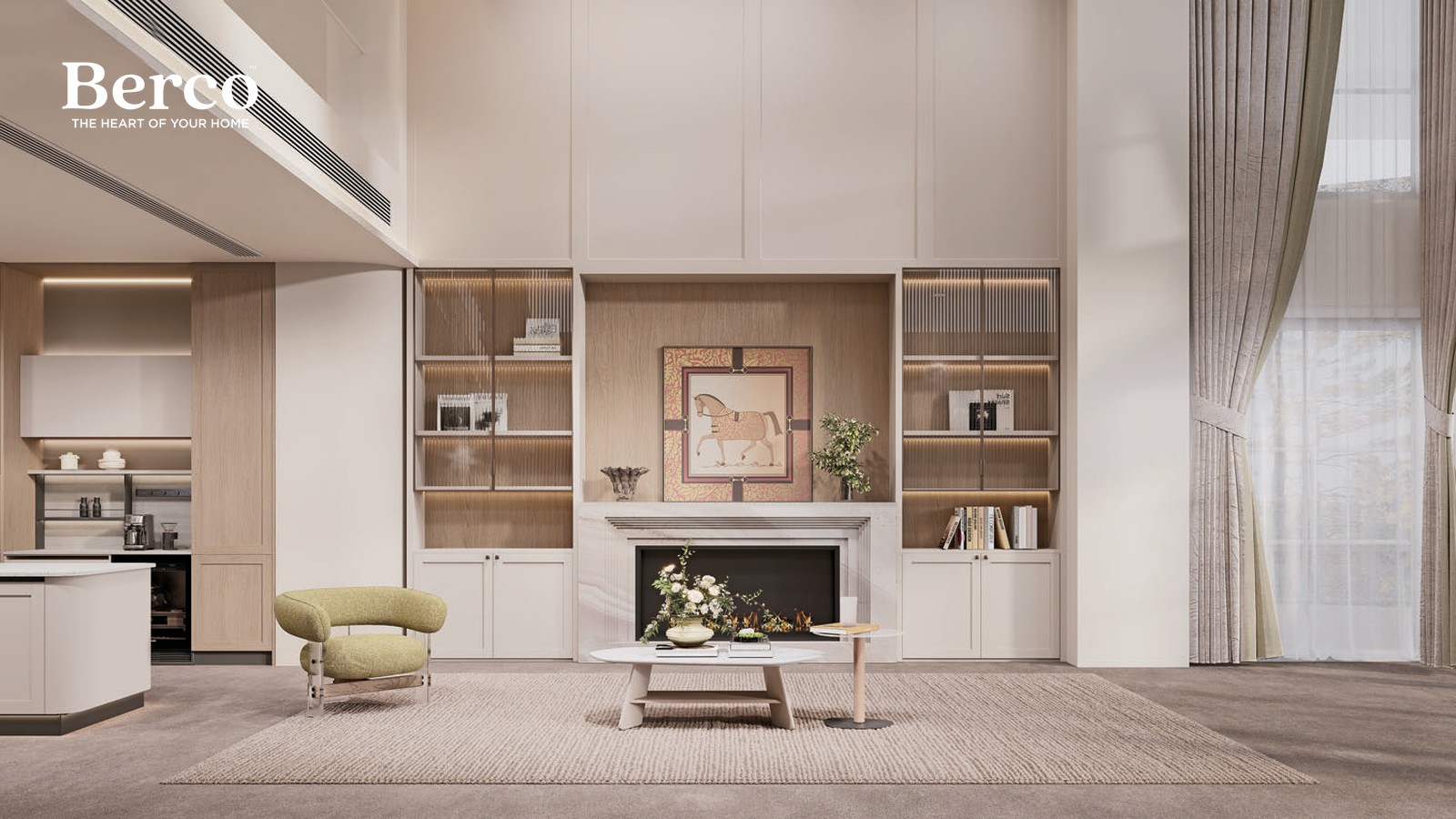 Living room with a fireplace flanked by built-in shelving and cabinetry — Berco design reference