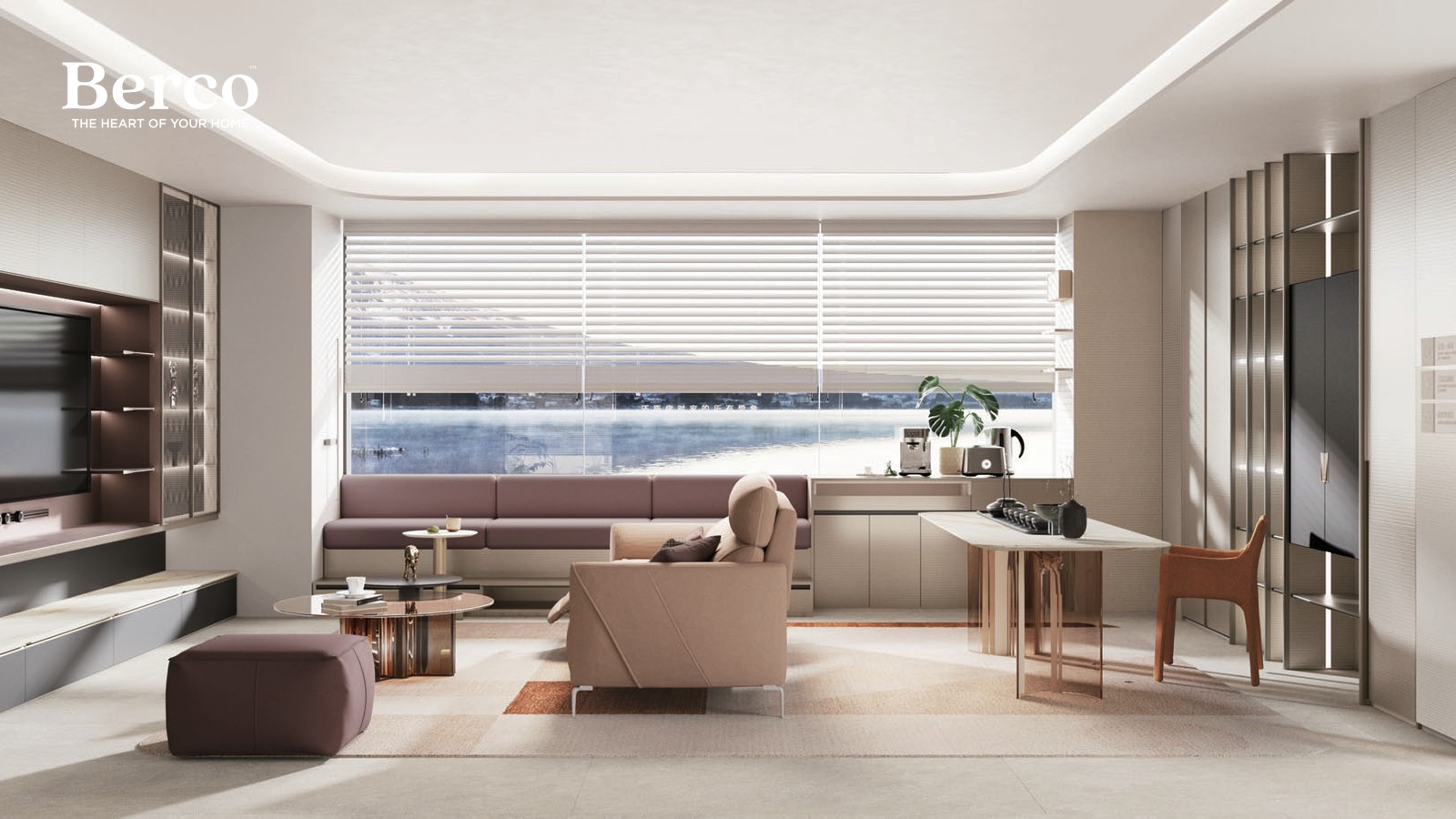 Warm open-plan living and dining with a wood media wall, lounge seating and a sea view — Berco design reference