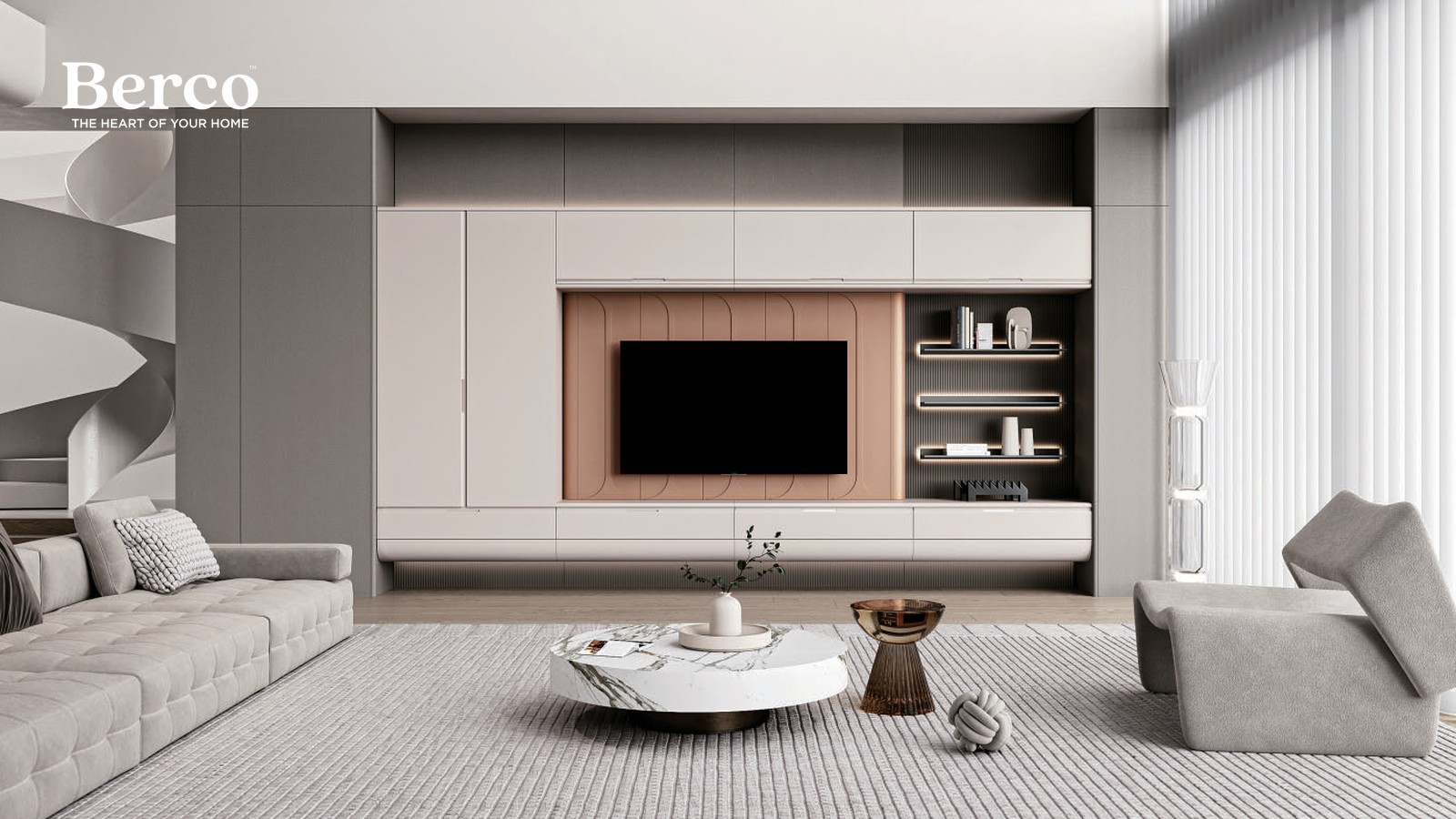 Minimal living room with a wood-framed media wall beside a sculptural spiral stair — Berco design reference