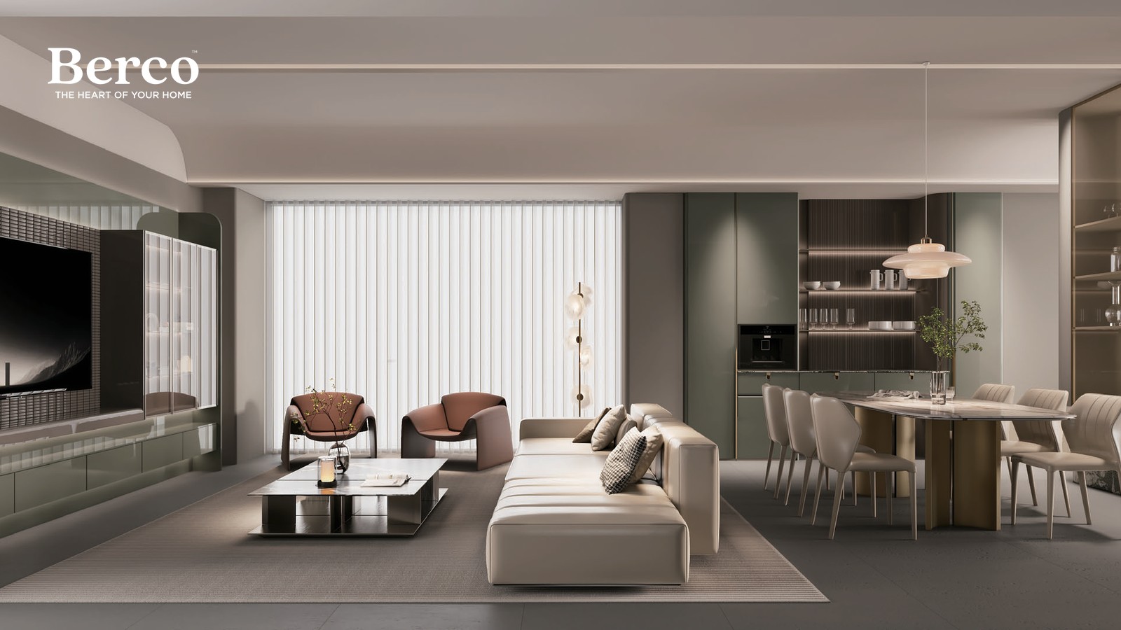 Open living and dining space with a full media wall and display cabinetry — Berco design reference